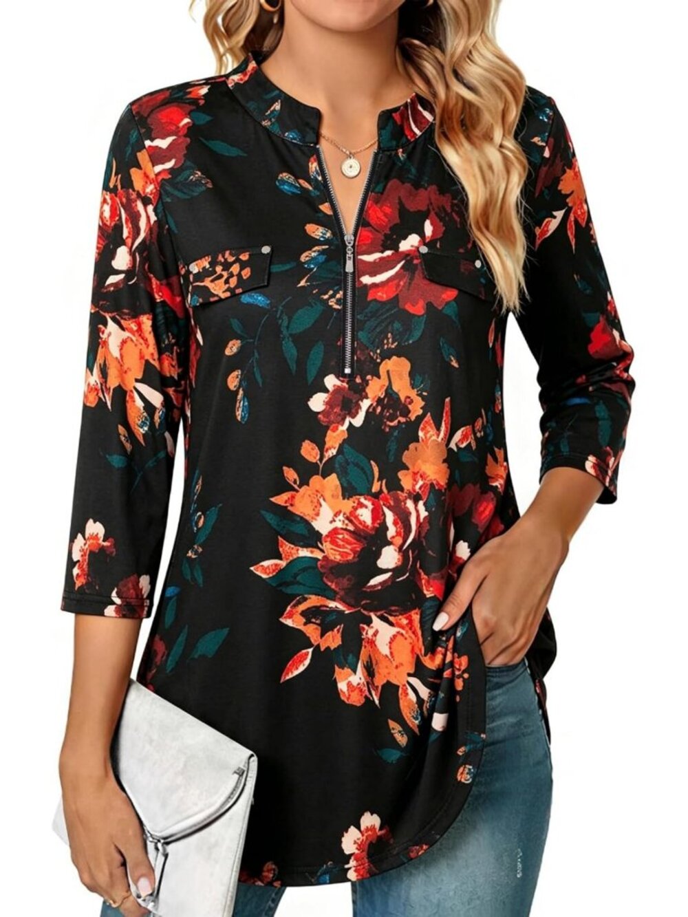 Floral Plaid Tunic Blouse Top for Women - 3/4 Sleeve Casual Shirt